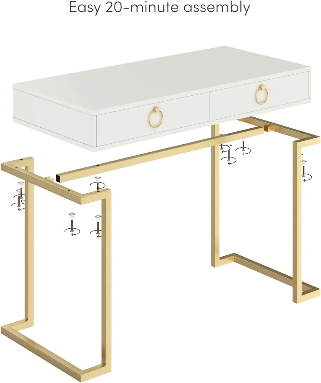 White desk with gold metal legs and drawers, assembly diagram